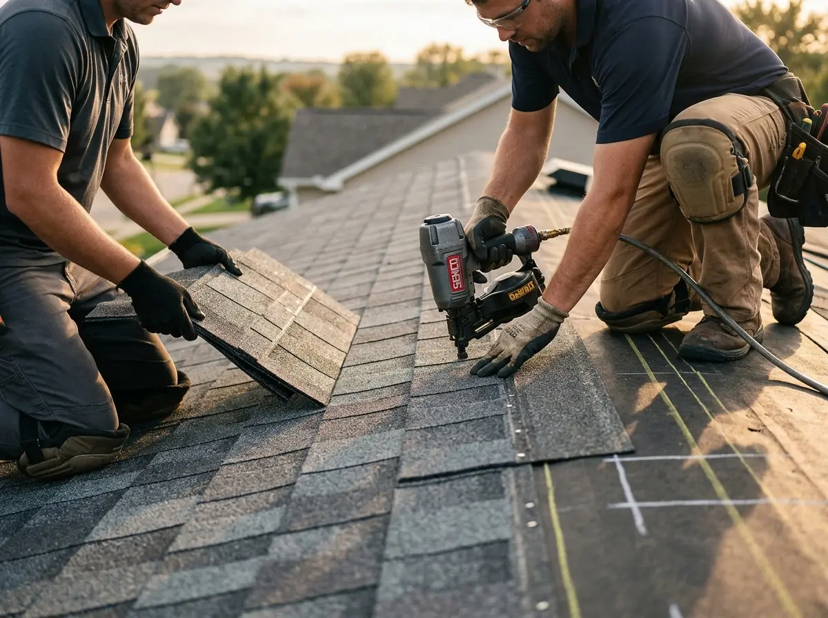 Professional roofer working on a residential roof in Atlanta
